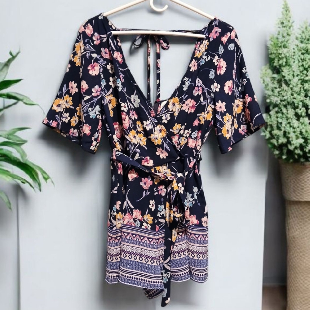 Blue Rain Blue Floral Romper Deep Neck Plunge Boho size XS Babydoll